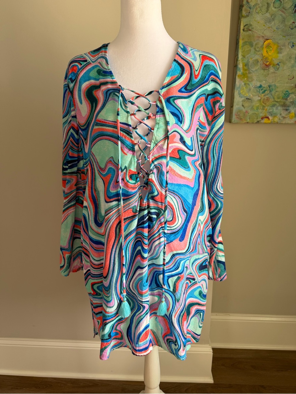 La Blanca Swirl Lace-Up Multicolor Cover-Up in Aqua, Pink & Coral